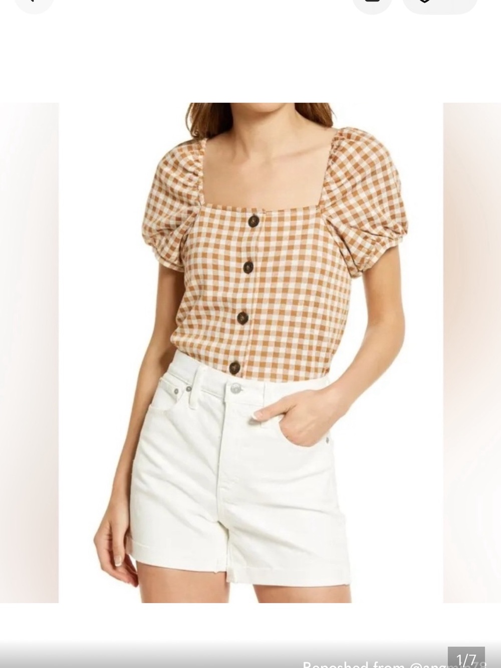 Madewell Brown Gingham Square-Neck Puff Sleeve Button Top Size Small